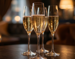 champagne su un tavolo elegante per un incontro tra una coppia e un singolo