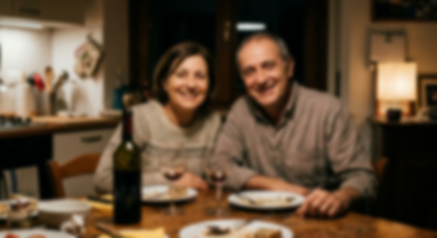 Anna e Giovanni coppia matura di Milano sorridenti a cena